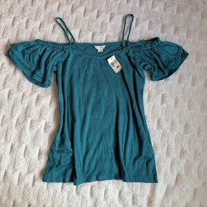 NWT Aeropostale Off-Shoulder Teal Women's Top with Ruffle Sleeves